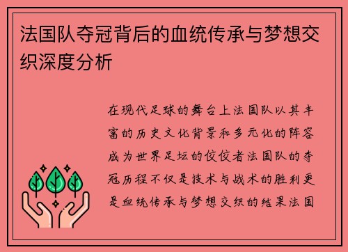 法国队夺冠背后的血统传承与梦想交织深度分析